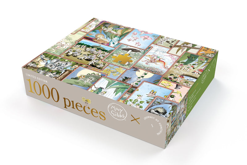 A delightful 1000-piece May Gibbs jigsaw puzzle featuring all your favourite characters, including Snugglepot & Cuddlepie, Bib & Bub, and more in a charming patchwork design.
