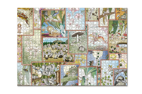 A charming 1000-piece jigsaw puzzle featuring the beloved Australian children's book characters Snugglepot & Cuddlepie, Bib & Bub, and more in a patchwork design.