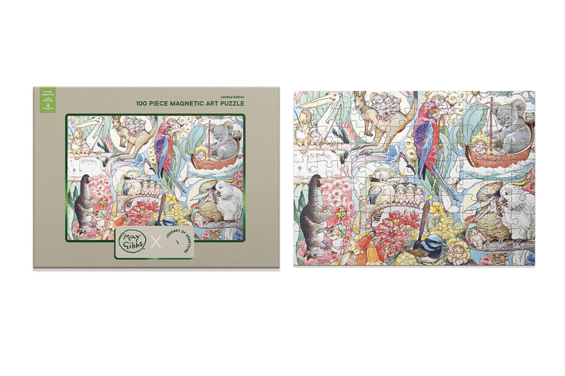 The image showcases a 100-piece magnet puzzle inspired by May Gibbs' enchanting illustrations. The puzzle depicts a delightful scene from Australian folklore, featuring whimsical bush friends in a charming setting.