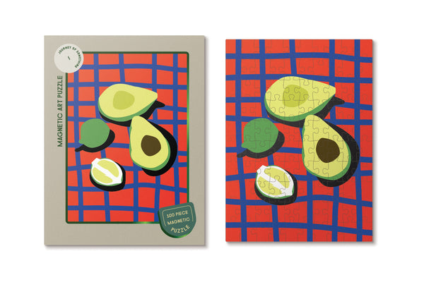 The image showcases a delightful and colorful avocado-themed puzzle. The puzzle consists of 100 unique pieces, making it a fun and challenging activity for avocado lovers of all ages. Each puzzle piece is magnetized, allowing it to be easily stored on any magnetic surface. 