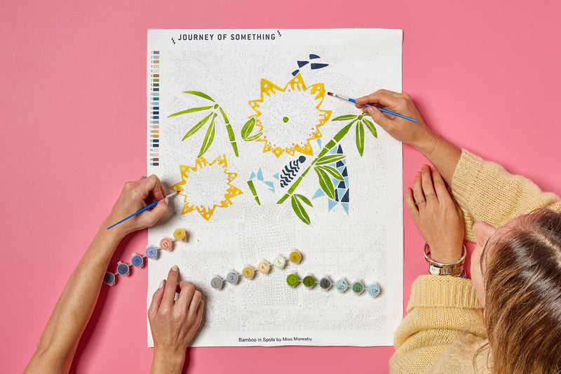 Bring out your artistic side with our paint by numbers kit featuring a beautiful bamboo and spots design. Perfect for beginners or experienced painters. Shop now!